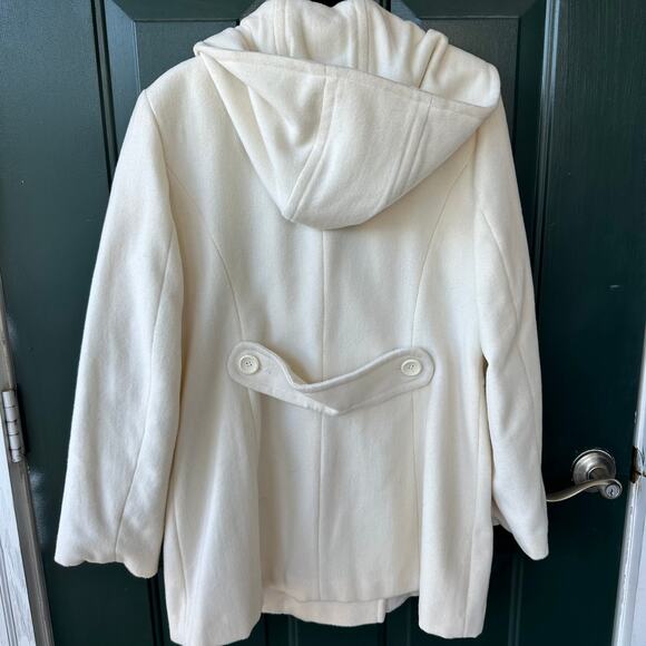 Covington Cream Wool Blend Hooded Peacoat L Winter White Classic Double Breasted - Picture 3 of 6